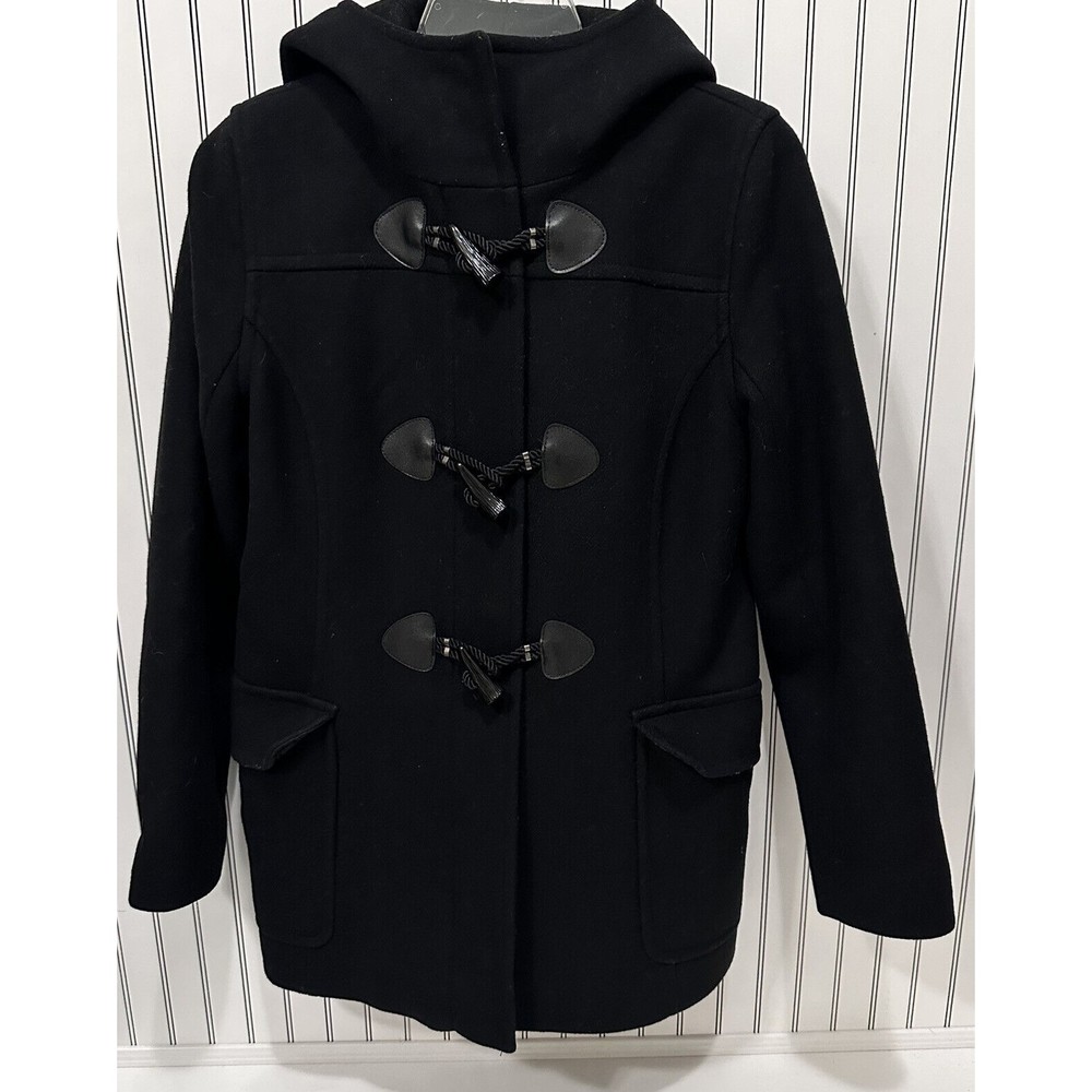 Trina Turk Womens Wool Toggle Button Duffle Hooded Coat Black Sz 8